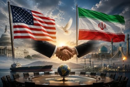 US and Iranian flags displayed against a backdrop of diplomatic talks as international mediators work to maintain a pause in military strikes.
