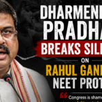 Dharmendra Pradhan addressing the media as he responds to Rahul Gandhi's NEET protest, accusing the Congress of exploiting students during the political row in July 2026.
