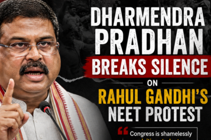 Dharmendra Pradhan addressing the media as he responds to Rahul Gandhi's NEET protest, accusing the Congress of exploiting students during the political row in July 2026.