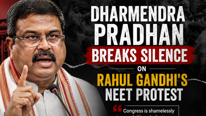 Dharmendra Pradhan addressing the media as he responds to Rahul Gandhi's NEET protest, accusing the Congress of exploiting students during the political row in July 2026.