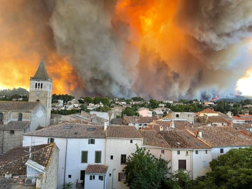 Firefighters battle a massive wildfire in southern France as thick smoke engulfs forests and authorities evacuate more than 200,000 residents and tourists.