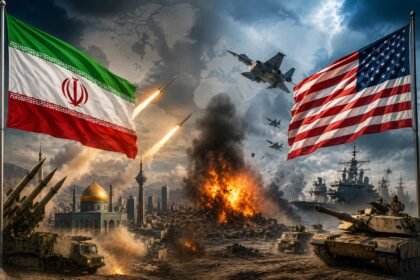 Smoke rises following military strikes in the Middle East as tensions between the United States and Iran continue to escalate.