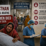Doctors and healthcare workers outside a Rajasthan government hospital amid investigations into maternal deaths following childbirth.