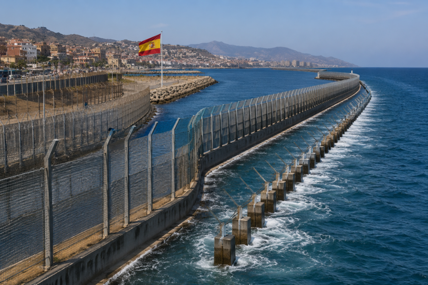 Border fence in Spain's Ceuta enclave as authorities plan a new sea barrier to prevent illegal migrant crossings.