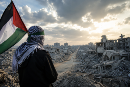 Gaza conflict aftermath with damaged buildings and humanitarian aid efforts as diplomatic talks continue over a proposed peace framework between Hamas and Israel.