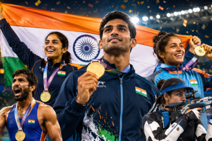 Indian athletes celebrate after winning 13 gold medals at the Commonwealth Games 2026 in Glasgow.