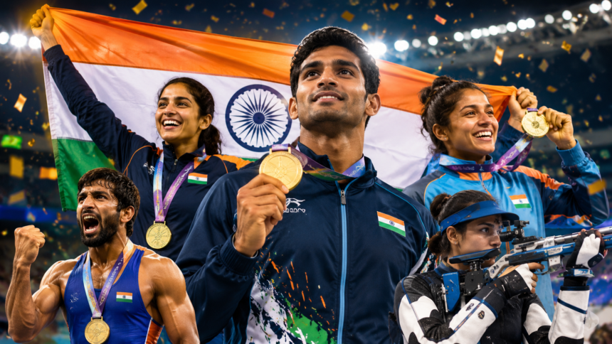 Indian athletes celebrate after winning 13 gold medals at the Commonwealth Games 2026 in Glasgow.