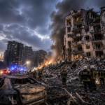 Destroyed residential buildings in Kyiv after Russia's overnight drone and missile attack in August 2026.