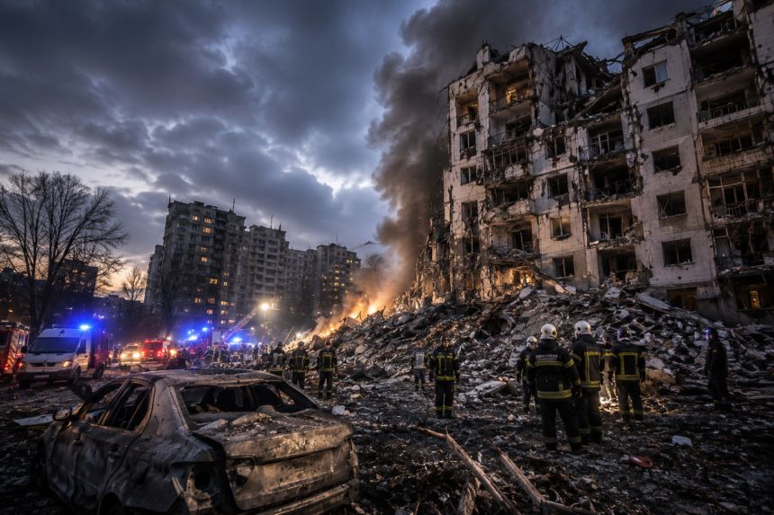 Destroyed residential buildings in Kyiv after Russia's overnight drone and missile attack in August 2026.