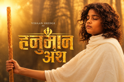 Vihaan Shedge in a devotional poster-style image for Hanuman Ansh, dressed in white and holding a wooden staff.