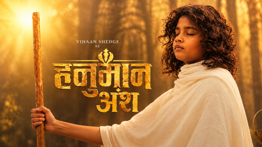 Vihaan Shedge in a devotional poster-style image for Hanuman Ansh, dressed in white and holding a wooden staff.